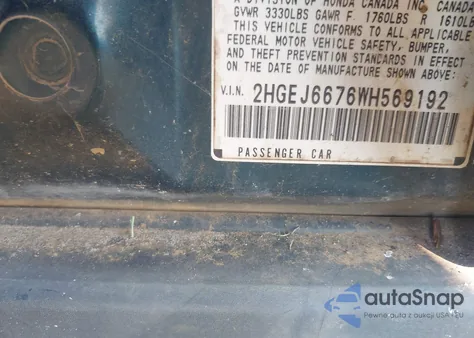 1998 Honda Civic Lx из США, поврежденный, VIN 2HGEJ6676WH569192